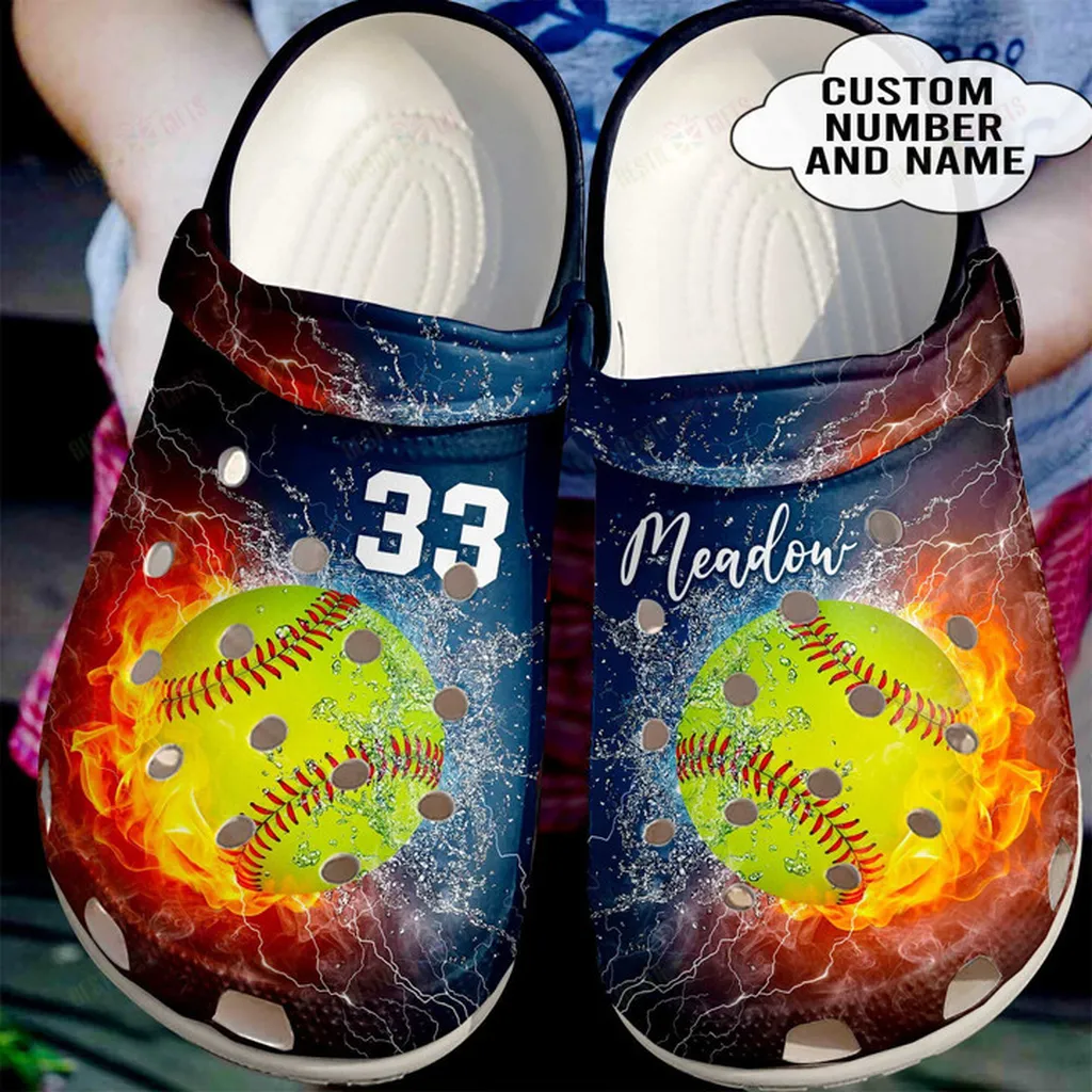 Personalized Fire And Water Softball Crocs Classic Clogs