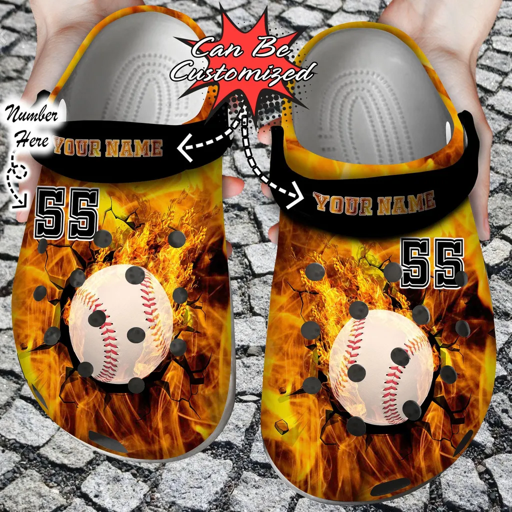 Personalized Fire Baseball Crack Ball Overlays Crocs Clog