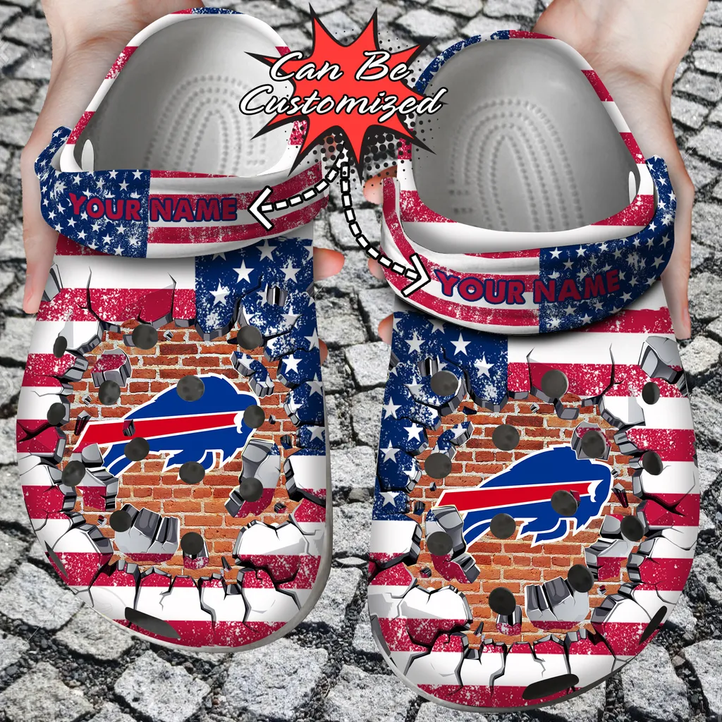 Personalized Name  Logo Football Team American Flag Breaking Wall Crocs Clog