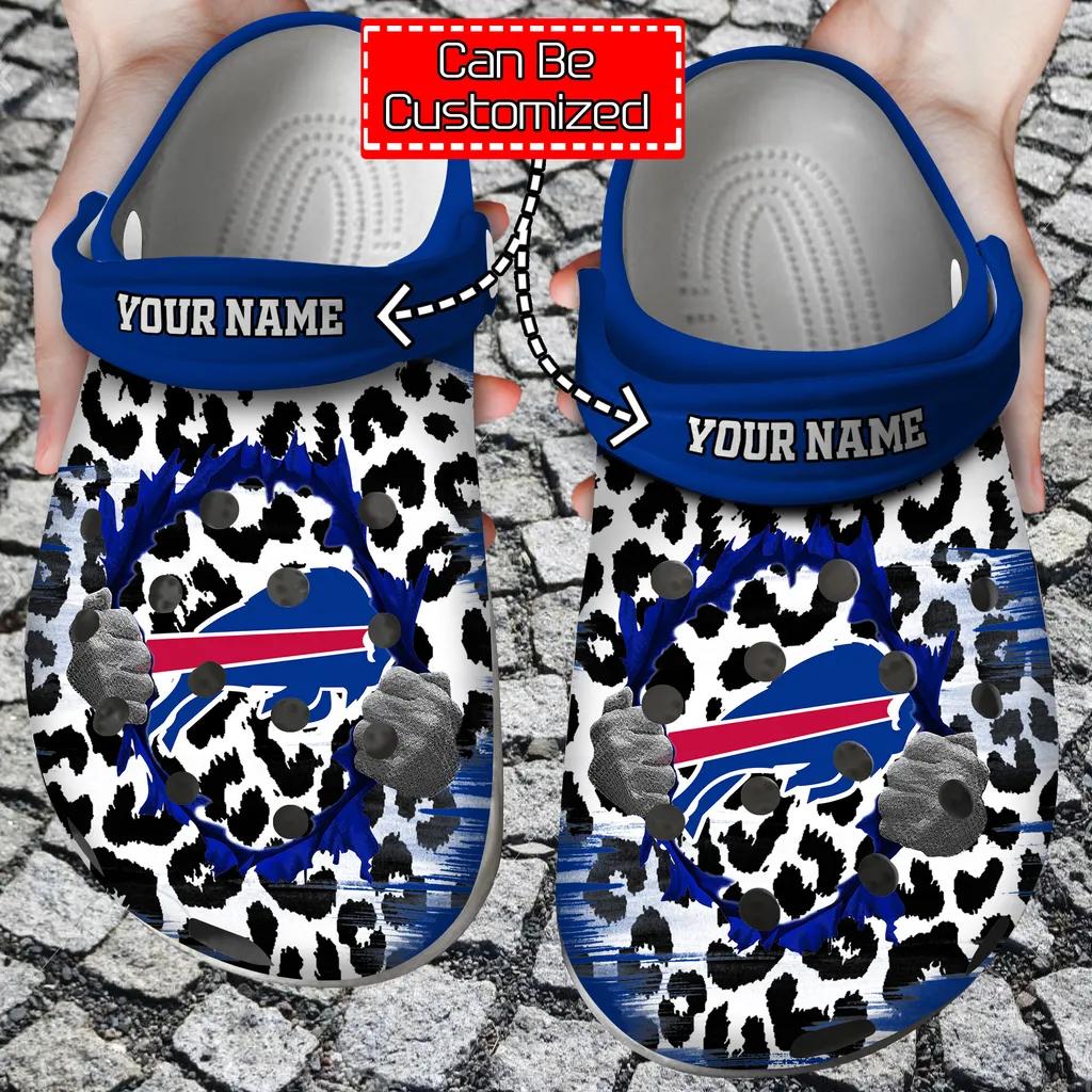 Personalized Name  Logo Football Team Hands Ripping Through Leopard Crocs Style Clog