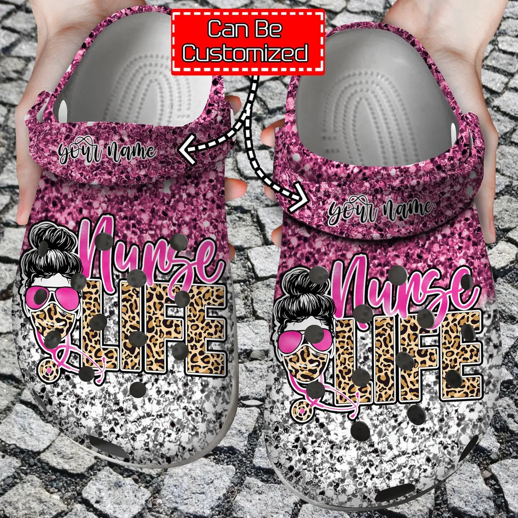 Personalized Nurse Life Face Leopard Gliiter Crocs Clog