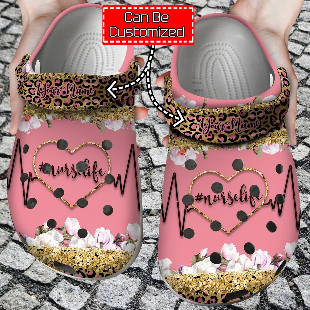 Personalized Nurse Life Heart Glitter Leopard Crocs Clog