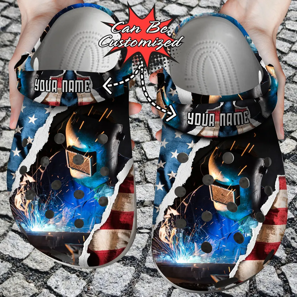 Personalized Patriotic American Welder Crocs Clog