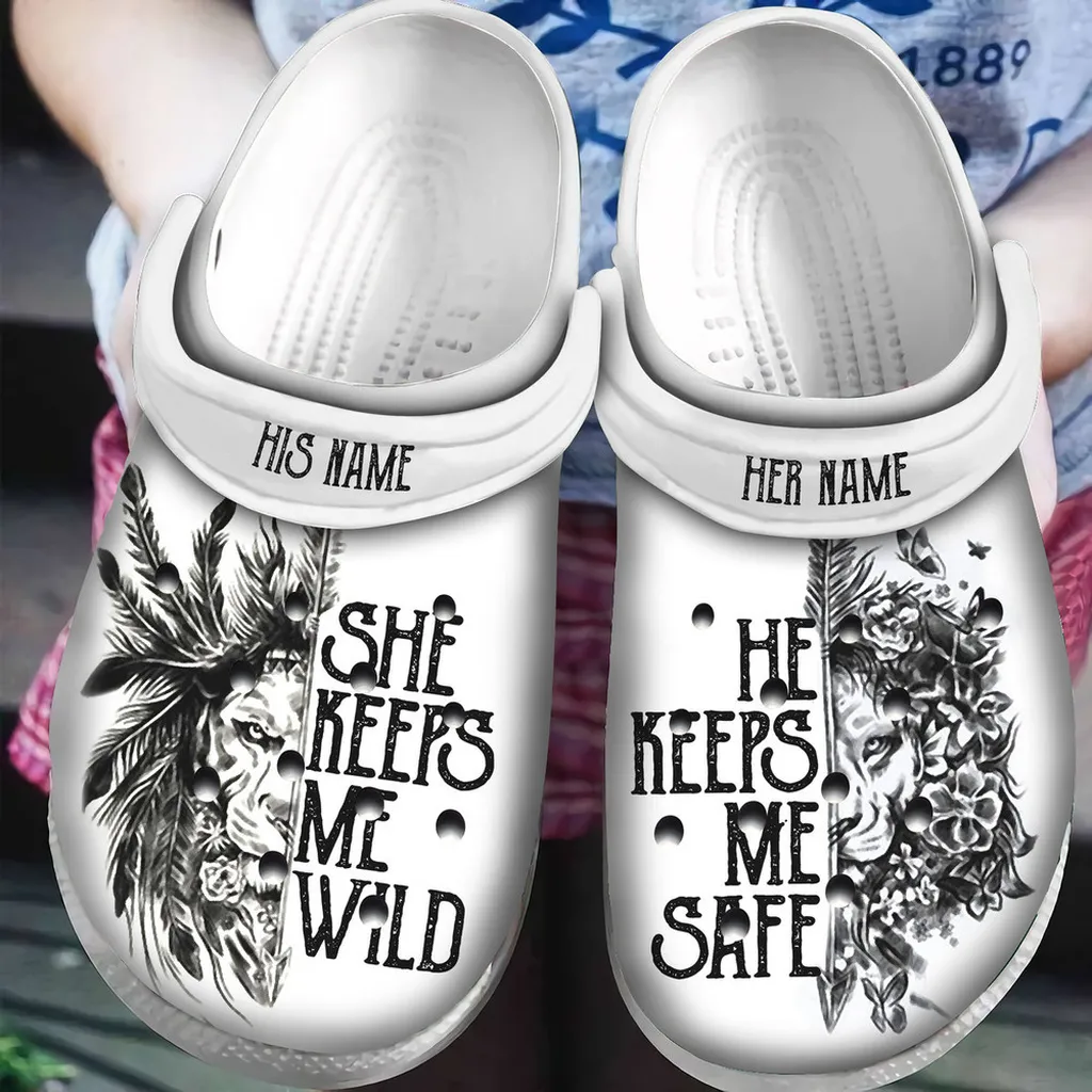 Personalized She Keeps Me Wild He Keeps Me Safe Lion Couple Crocs Classic Clog