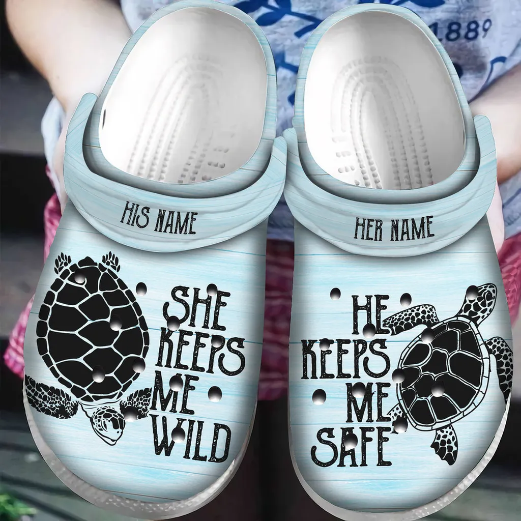 Personalized She Keeps Me Wild He Keeps Me Safe Turtle Couple Crocs Classic Clog