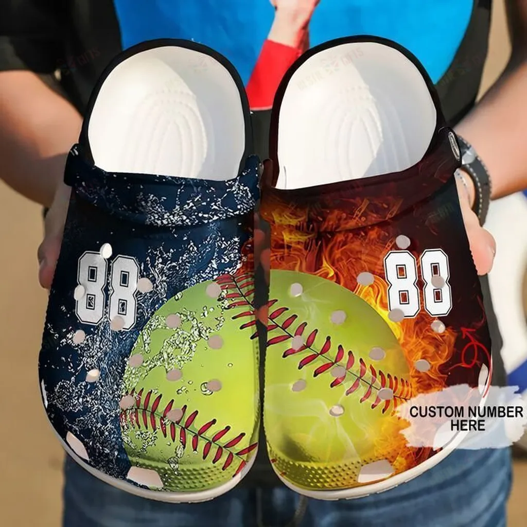 Personalized Softball Fire Water Crocs Classic Clogs