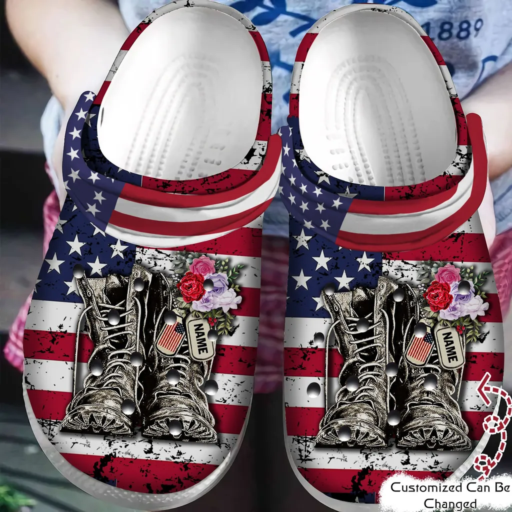 Personalized Veteran Crocs Patriotic Flag Military Boots Veteran