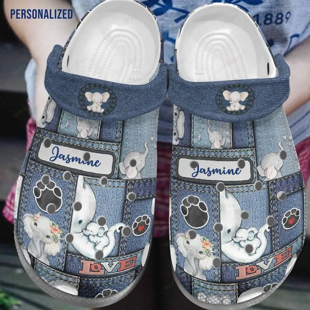 Personalized White Sole Elephant Jean Pattern Crocs Classic Clogs