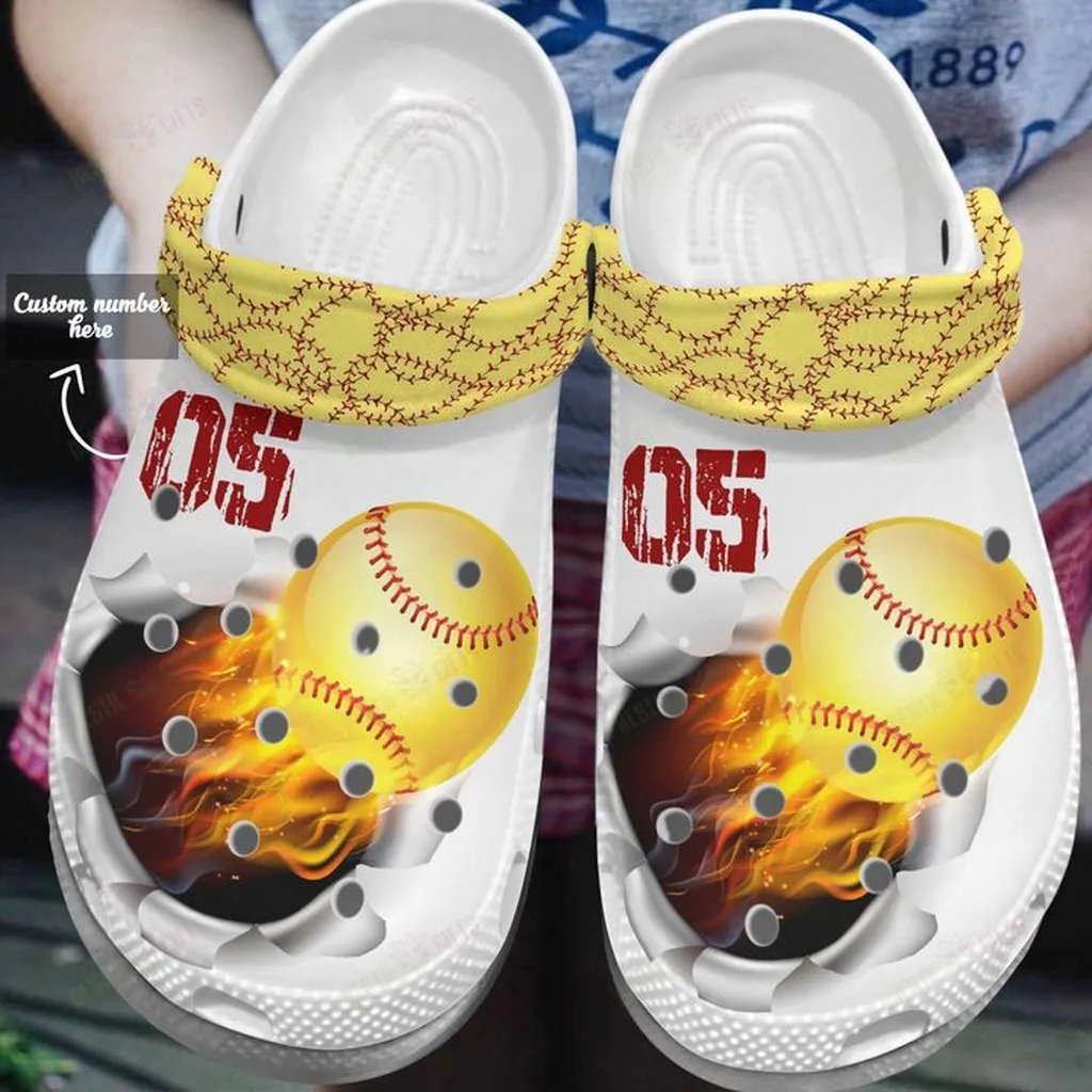 Personalized White Sole Softball On Fire Crocs Classic Clogs