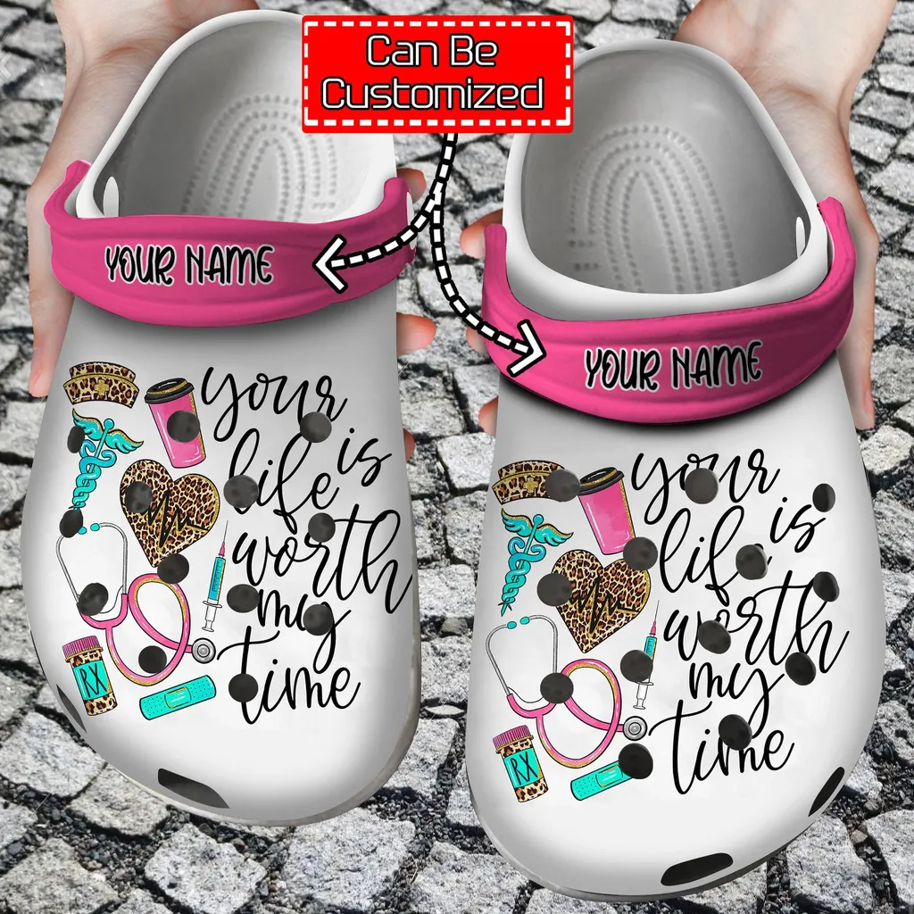 Personalized Your Life Is Worth My Time Nurse Leopard Crocs Clog