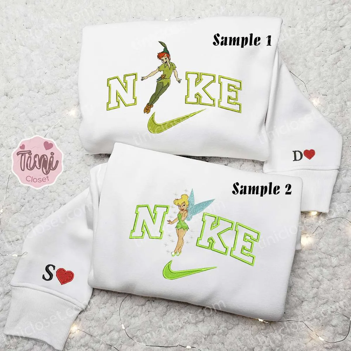 Peter Pan And Tinker Bell x Nike Couple Embroidered Shirt, Disney Characters Embroidered Hoodie, Valentine? Day Embroidered Sweatshirt