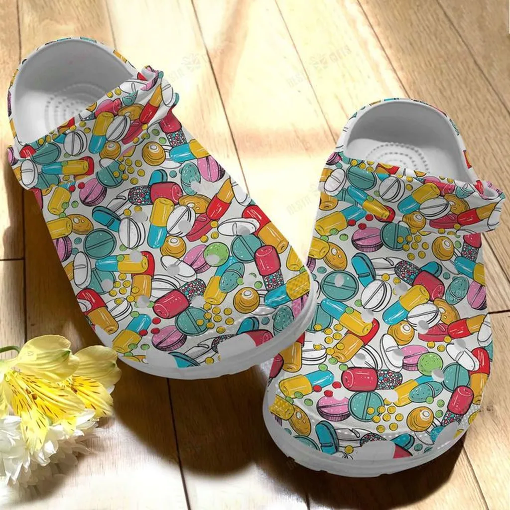 Pharmacy Colorful Pills Background Crocs, Personalized Crocs Classic Clogs