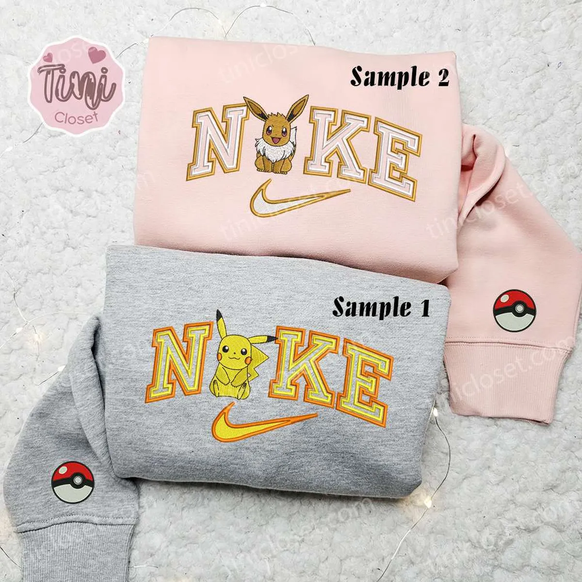 Pikachu And Eevee x Nike Couple Embroidered Shirt, Pokemon Anime Embroidered Hoodie, Nike Inspired Embroidered Sweatshirt