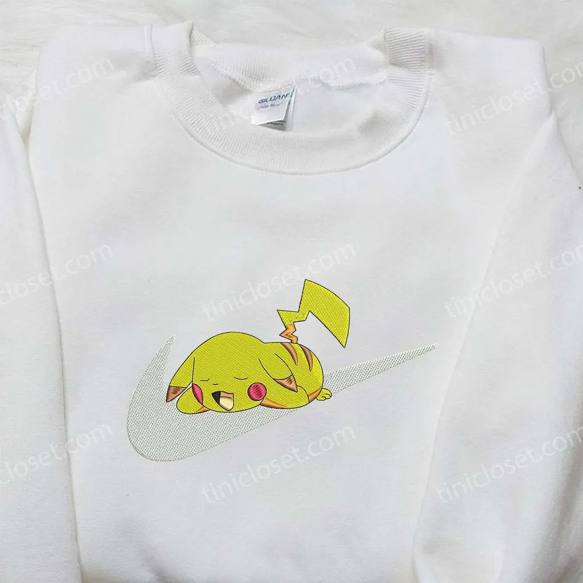 Pikachu Sleep x Nike Swoosh Embroidered Sweatshirt, Pokemon Embroidered Shirt, Nike Inspired Embroidered Shirt