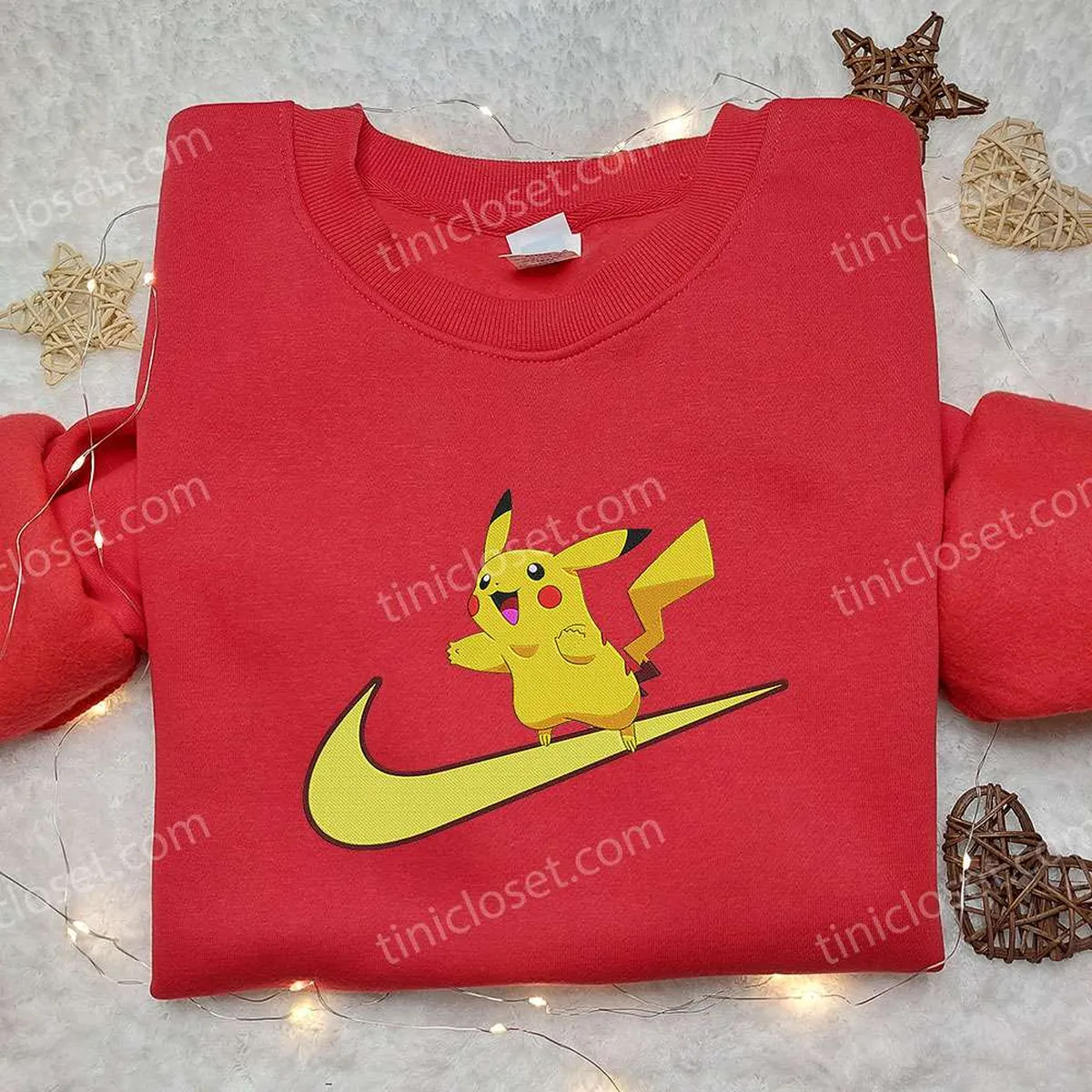 Pikachu x Nike Swoosh Anime Embroidered Hoodie, Pokemon Embroidered Shirt, Nike Inspired Embroidered Shirt