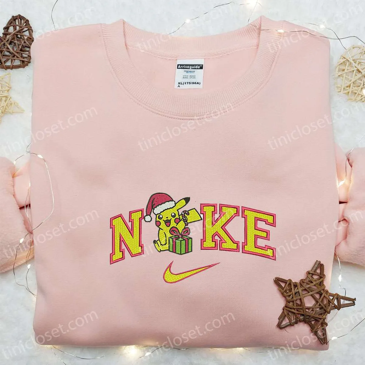 Pikachu Xmas x Nike Swoosh Embroidered Shirt, Pokemon Anime Embroidered Hoodie, Nike Inspired Embroidered Sweatshirt