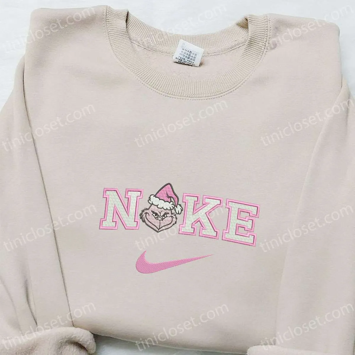 Pink Grinch Santa Hat x Nike Embroidered Shirt, Christmas Embroidered Sweatshirt, Best Gifts For Family