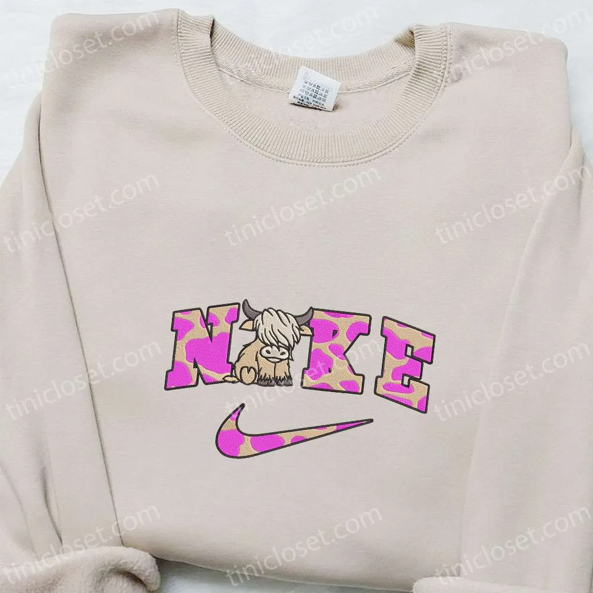 Pink Highland Cow x Nike Embroidered Shirt, Animal Embroidered Hoodie, Best Gift Ideas For Family