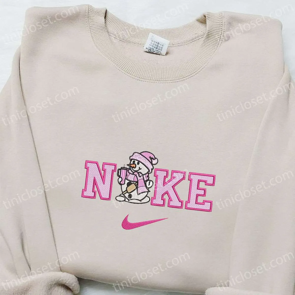 Pink Snowman x Nike Embroidered Shirt, Christmas Embroidered Hoodie, Best Gifts For Family