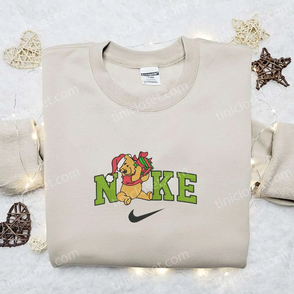 Pooh With Gift Christmas x Nike Embroidered Sweatshirt, Christmas Embroidered Shirt, Best Christmas Gift Ideas