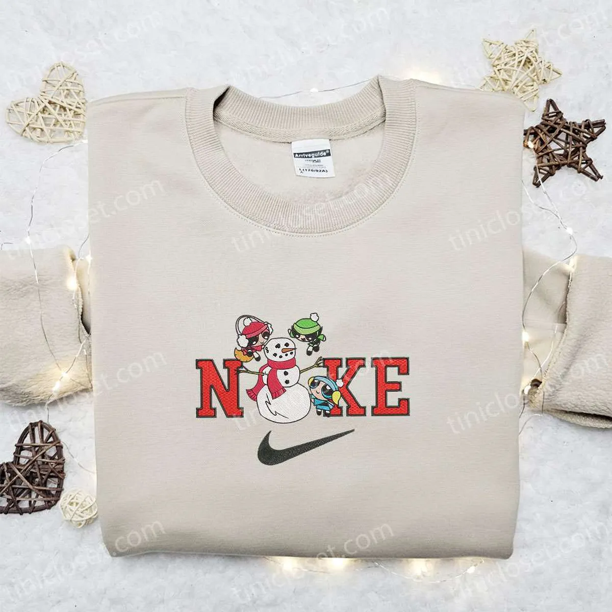 Powerpuff Girls and Snowman x Nike Christmas Embroidered Sweatshirt, Christmas Embroidered Shirt, Best Christmas Gift Ideas