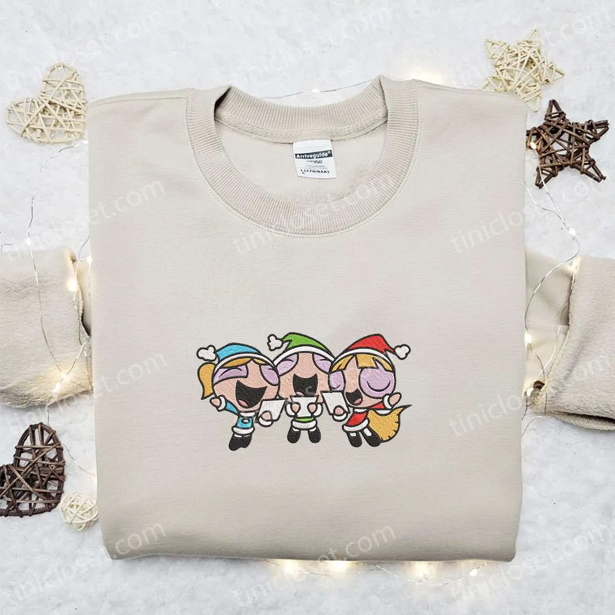 Powerpuff Girls With Christmas Hat Embroidered Sweatshirt, Christmas Embroidered Shirt, Best Christmas Gift Ideas