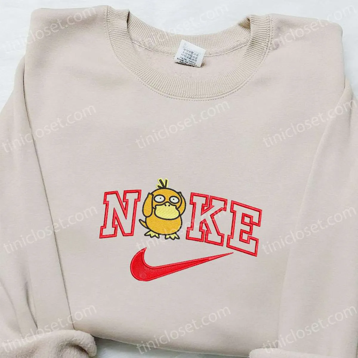 Psyduck x Nike Swoosh Embroidered Shirt, Pokemon Anime Embroidered Hoodie, Nike Inspired Embroidered Sweatshirt