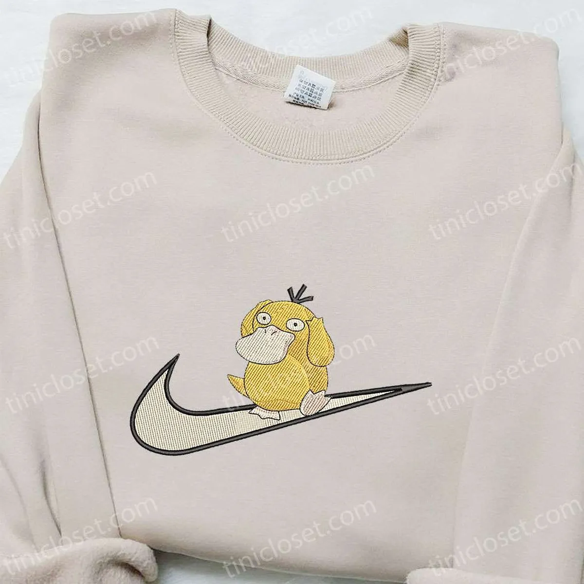 Psyduck x Swoosh Anime Embroidered Shirt, Nike Inspired Embroidered T-shirt, Best Gift Ideas for Family