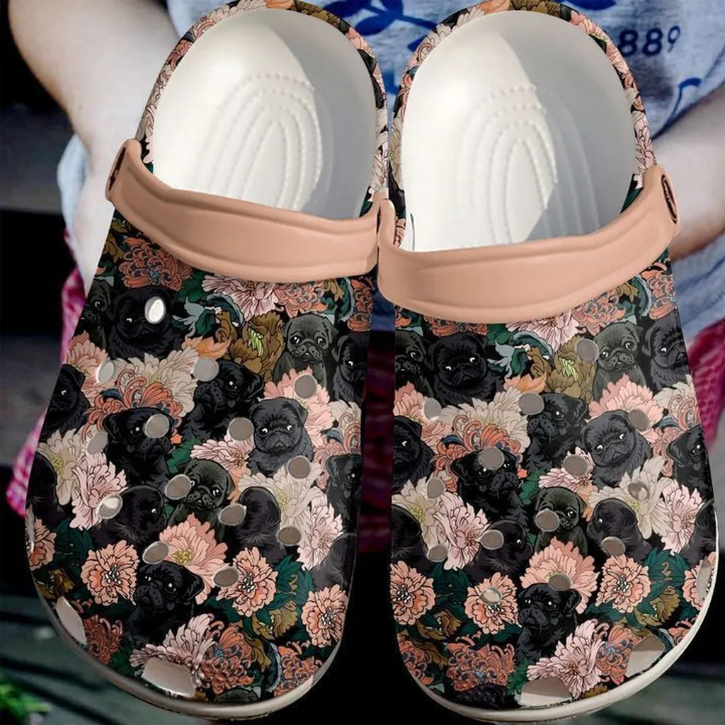 Pug Black Flowers Crocs Classic Clogs