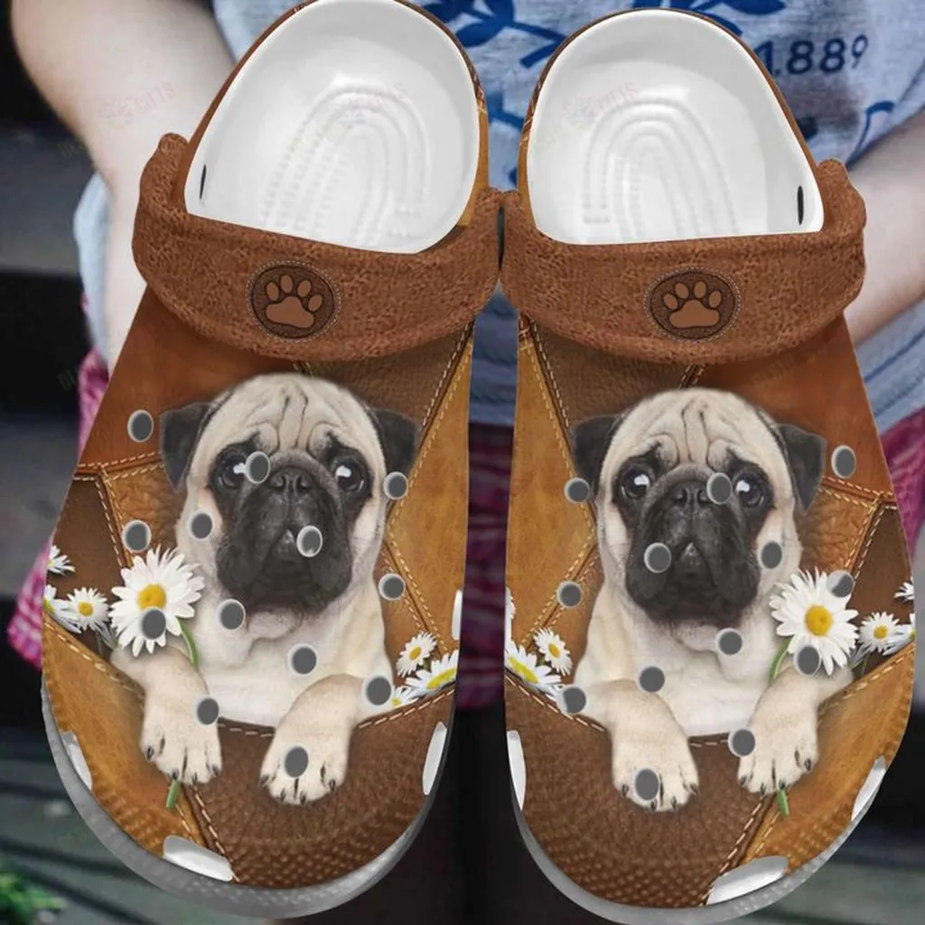 Pug Whites Sole Daisy Pug Crocs, Personalized Crocs Classic Clogs