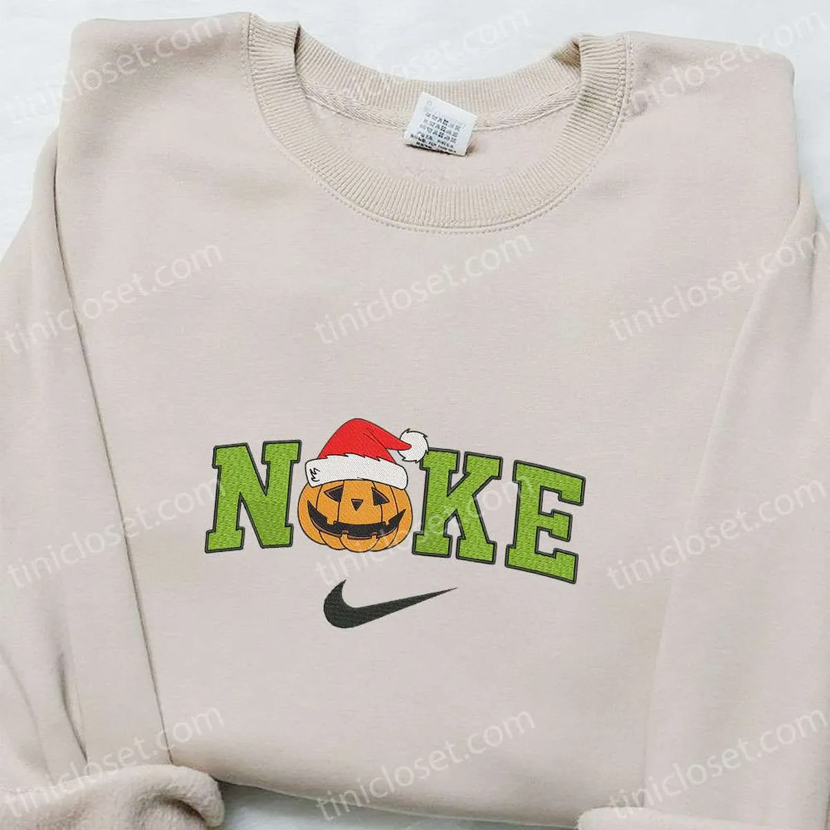 Pumpkin With Christmas Hat x Nike Embroidered Sweatshirt, Cartoon Christmas Embroidered Shirt, Best Christmas Gift Ideas