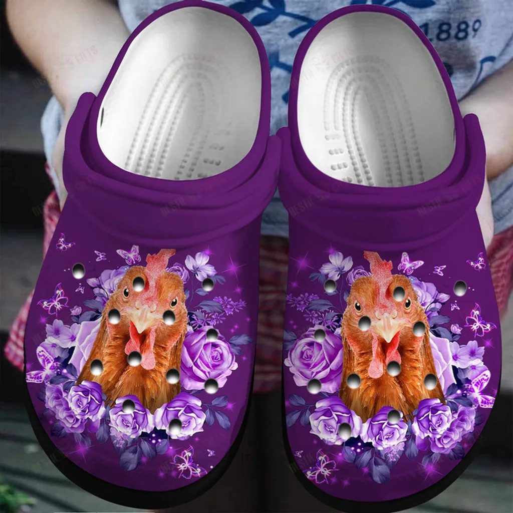 Purple Roses And Chicken Crocs Classic Clogs