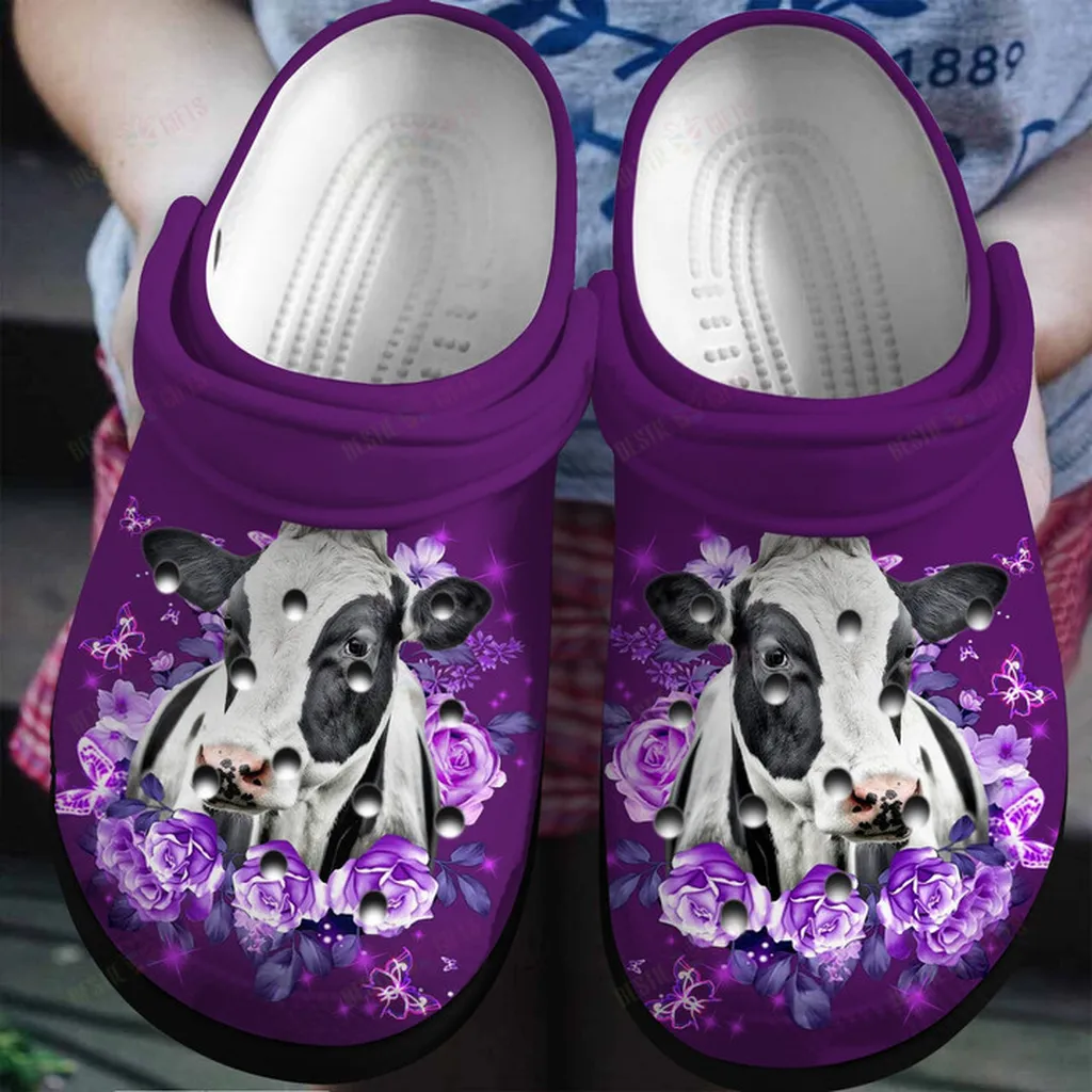 Purple Roses And Cow Crocs Classic Clogs