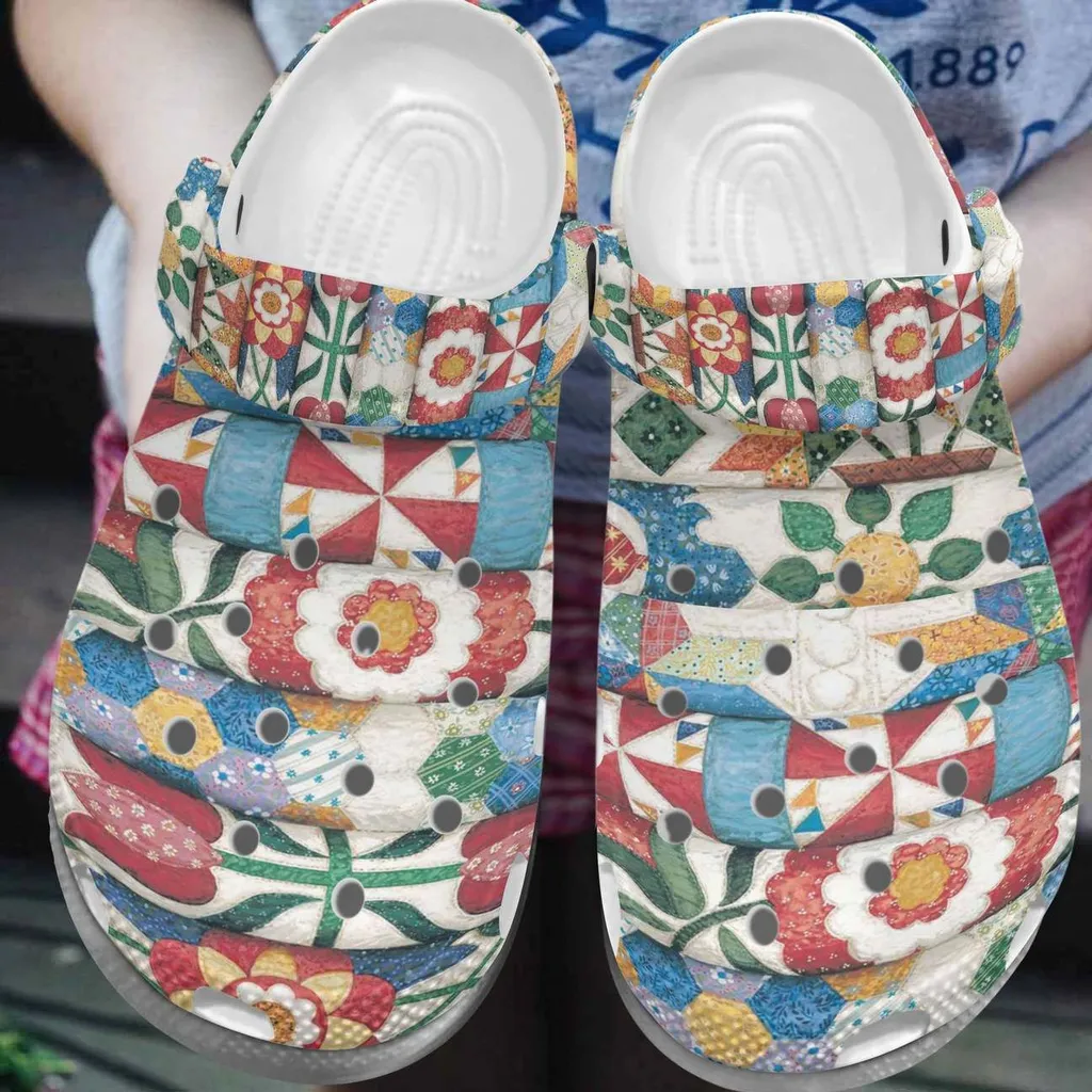 Quilting Flower Fabric Personalized Clog Custom Crocs Comfortablefashion Style Comfortable For Women Men Kid Print D