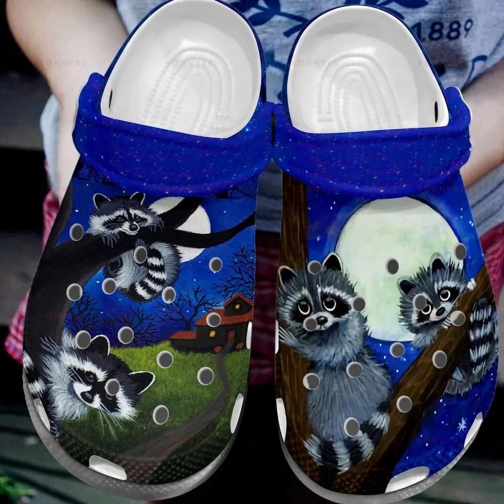 Raccoon Play With The Moon Gift For Lover Rubber Crocs Clog