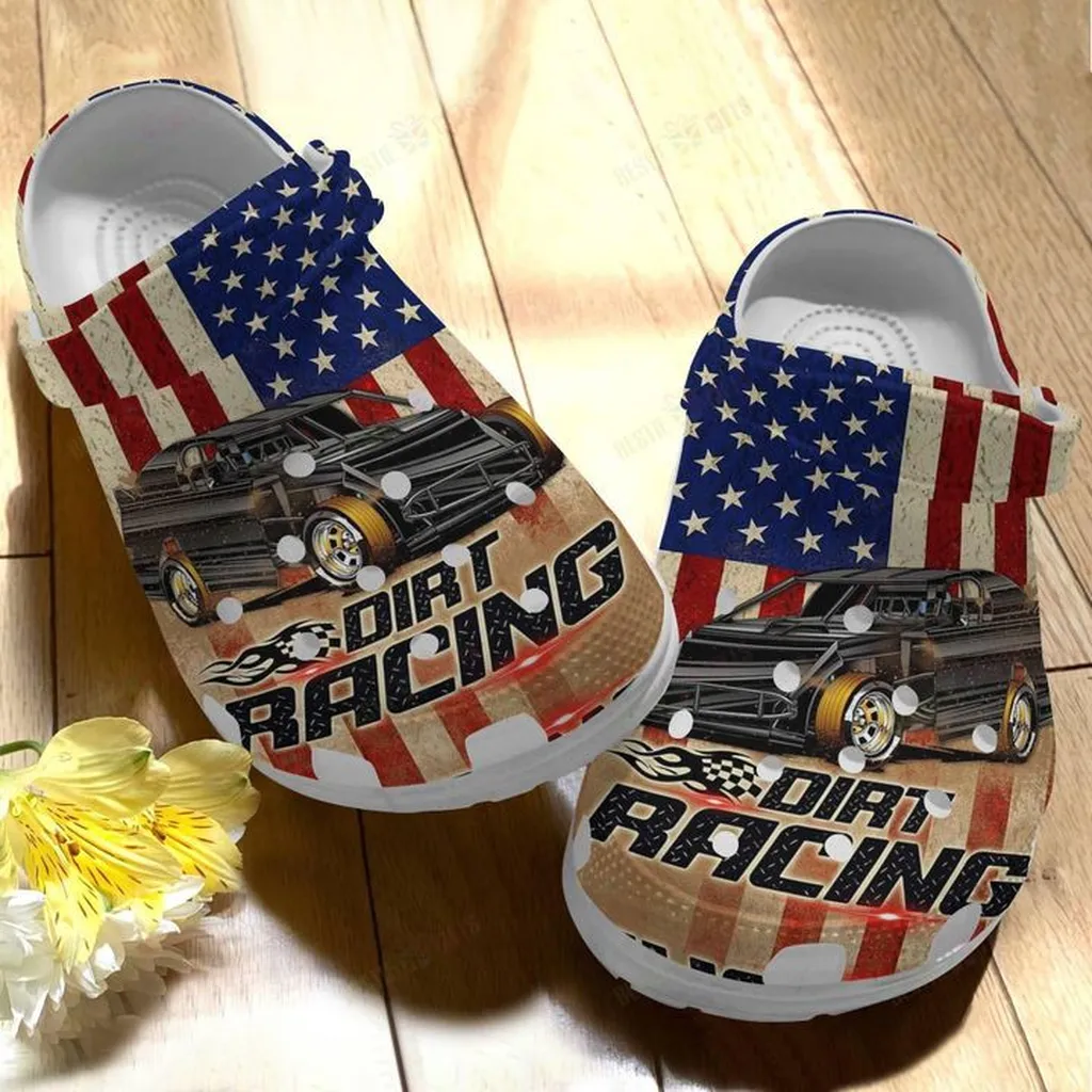 Racing White Sole Dirt Racing Flag Crocs, Personalized Crocs Classic Clogs