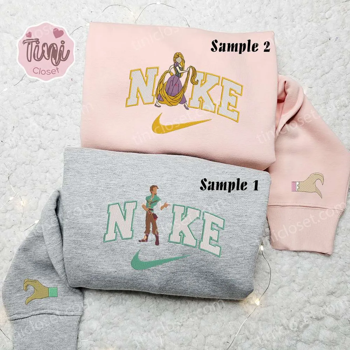 Rapunzel And Flynn x Nike Couple Embroidered Shirt, Disney Characters Embroidered Hoodie, Valentine? Day Embroidered Sweatshirt