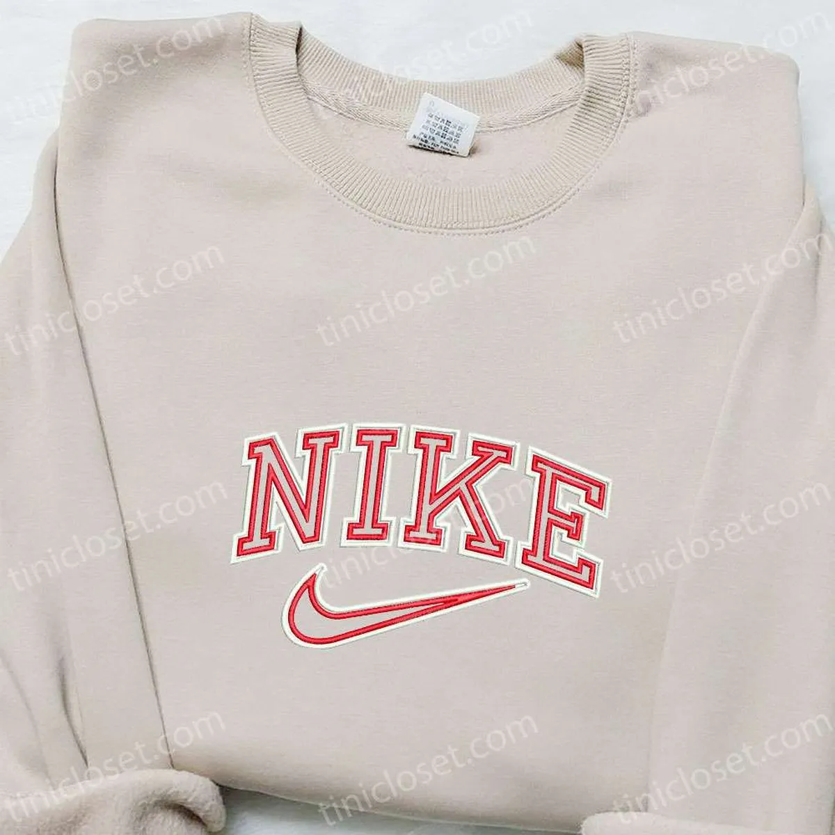 Red And White Line Nike Logo Embroidered Shirt, Nike Inspired Embroidered Hoodie, Best Gifts For Family