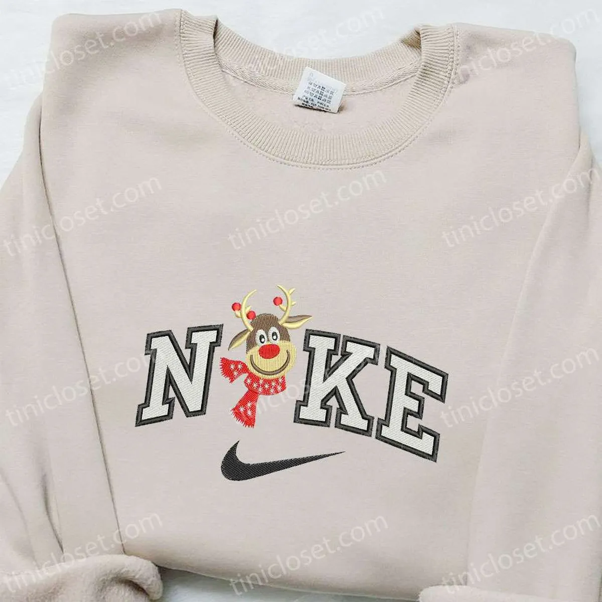 Reindeer x Nike Embroidered Shirt, Christmas Embroidered Sweatshirt, Custom Embroidered Hoodie