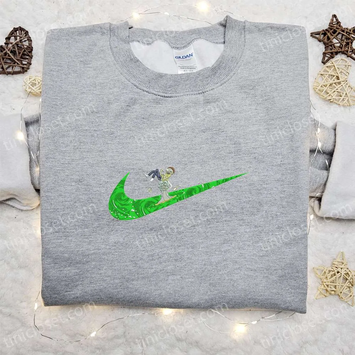 Rick and Morty x Swoosh Cartoon Embroidered Shirt, Nike Inspired Embroidered Sweatshirt, Custom Embroidered Hoodie