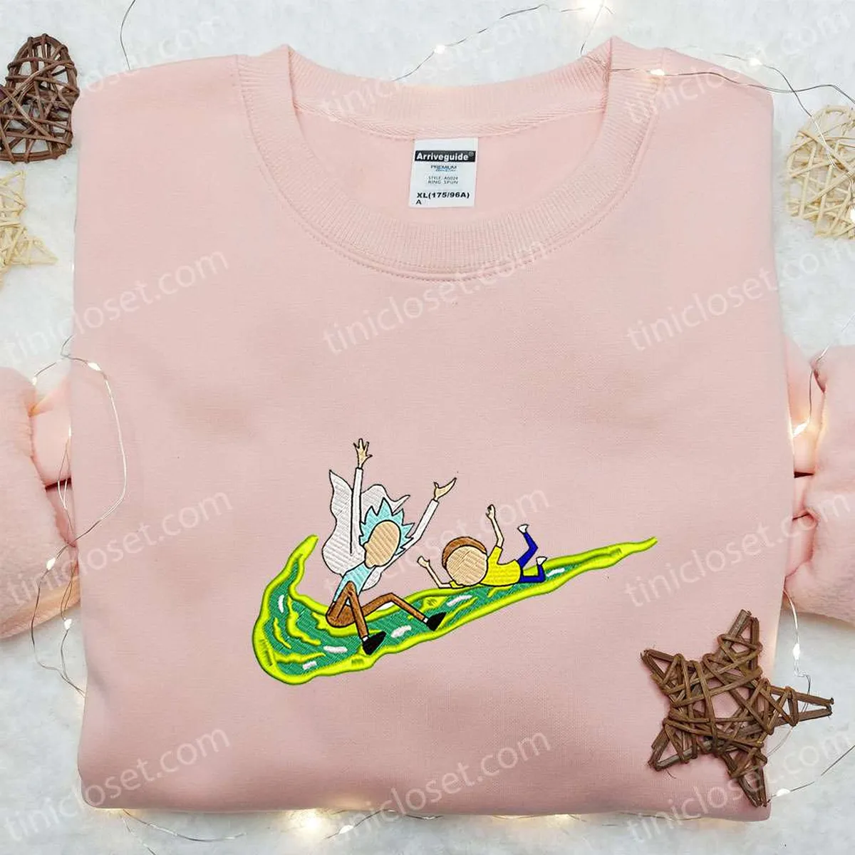 Rick and Morty x Swoosh Cartoon Embroidered Sweatshirt, Nike Inspired Embroidered Sweatshirt, Custom Embroidered Hoodie