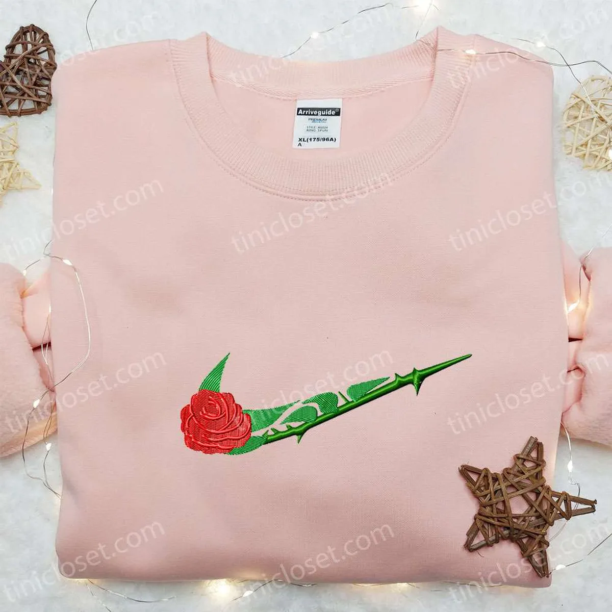 Rose Flower x Swoosh Embroidered Shirt, Custom Embroidered Sweatshirt, Nike Inspired Embroidered Hoodie