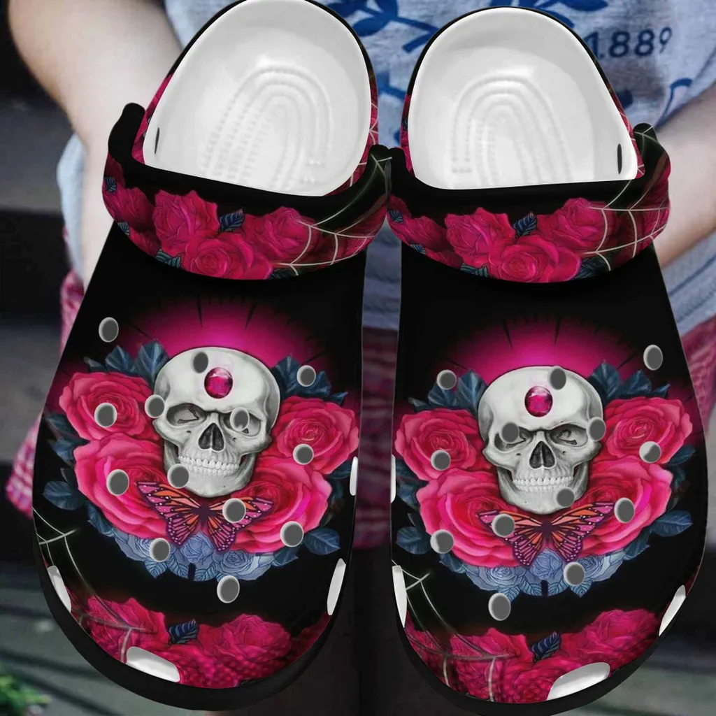 Roses Skullcap Butterfly Cool Gift For Lover Rubber Crocs Clog