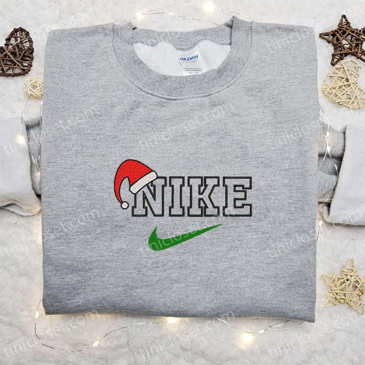 Santa Hat x Nike Embroidered Shirt, Christmas Embroidered Hoodie, Nike Inspired Embroidered Sweatshirt