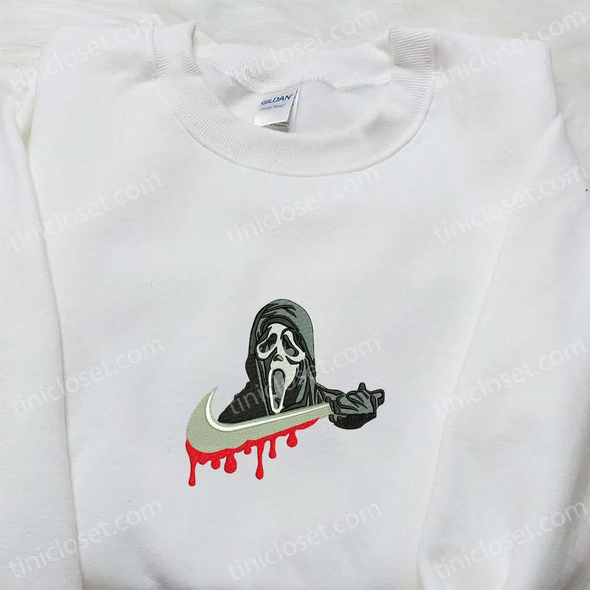 Scream Ghostface x Nike Swoosh Embroidered Shirt, Horror Movie Embroidered Hoodie, Halloween Embroidered Sweatshirt