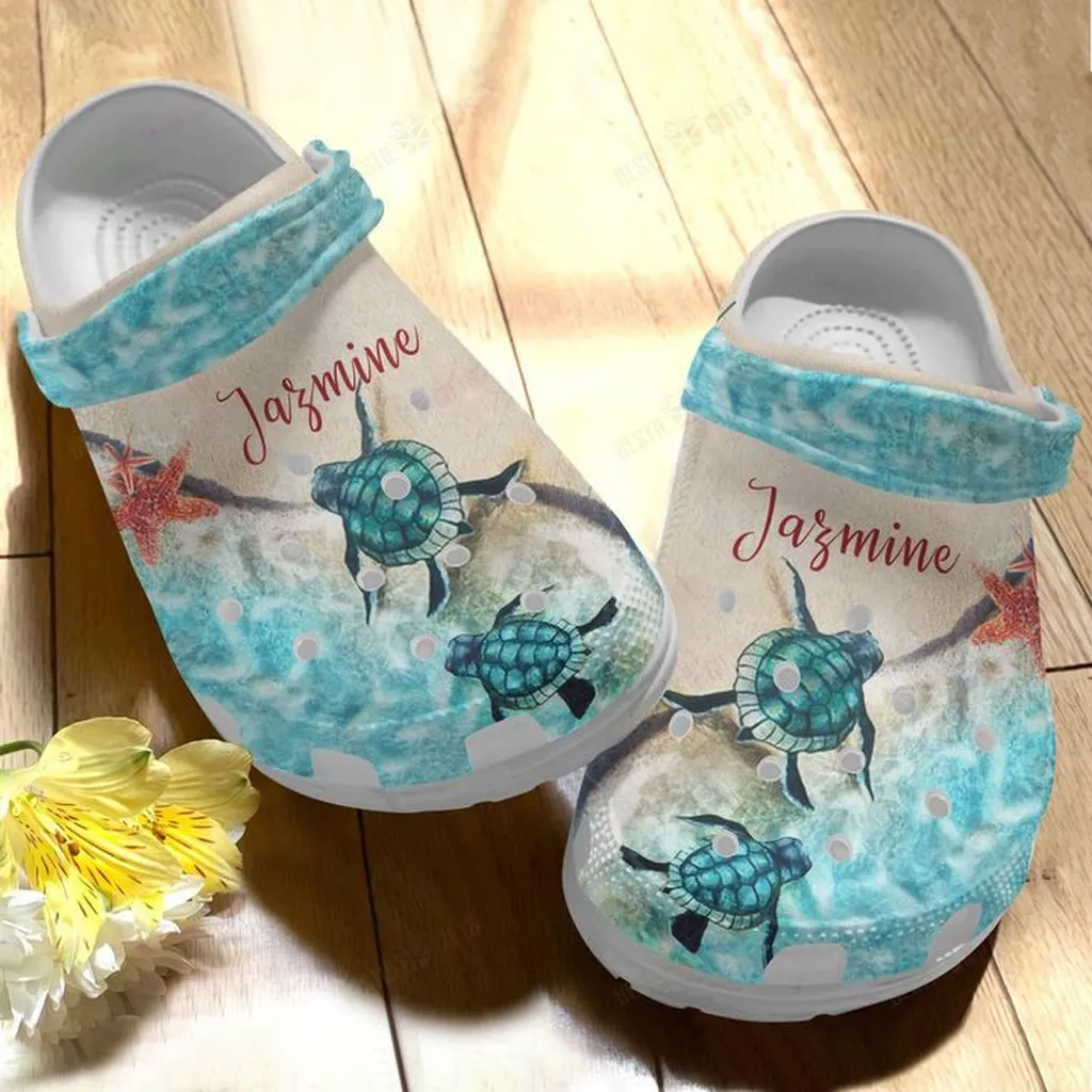 Sea Turtle Personalized White Sole Ocean Jewel Crocs, Personalized Crocs Classic Clogs