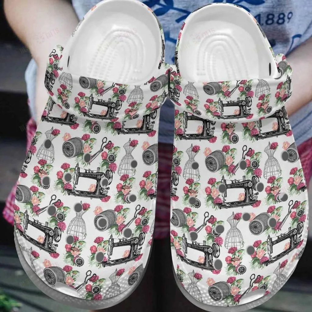 Sewing White Sole Vintage Sewing Roses Crocs, Personalized Crocs Classic Clogs