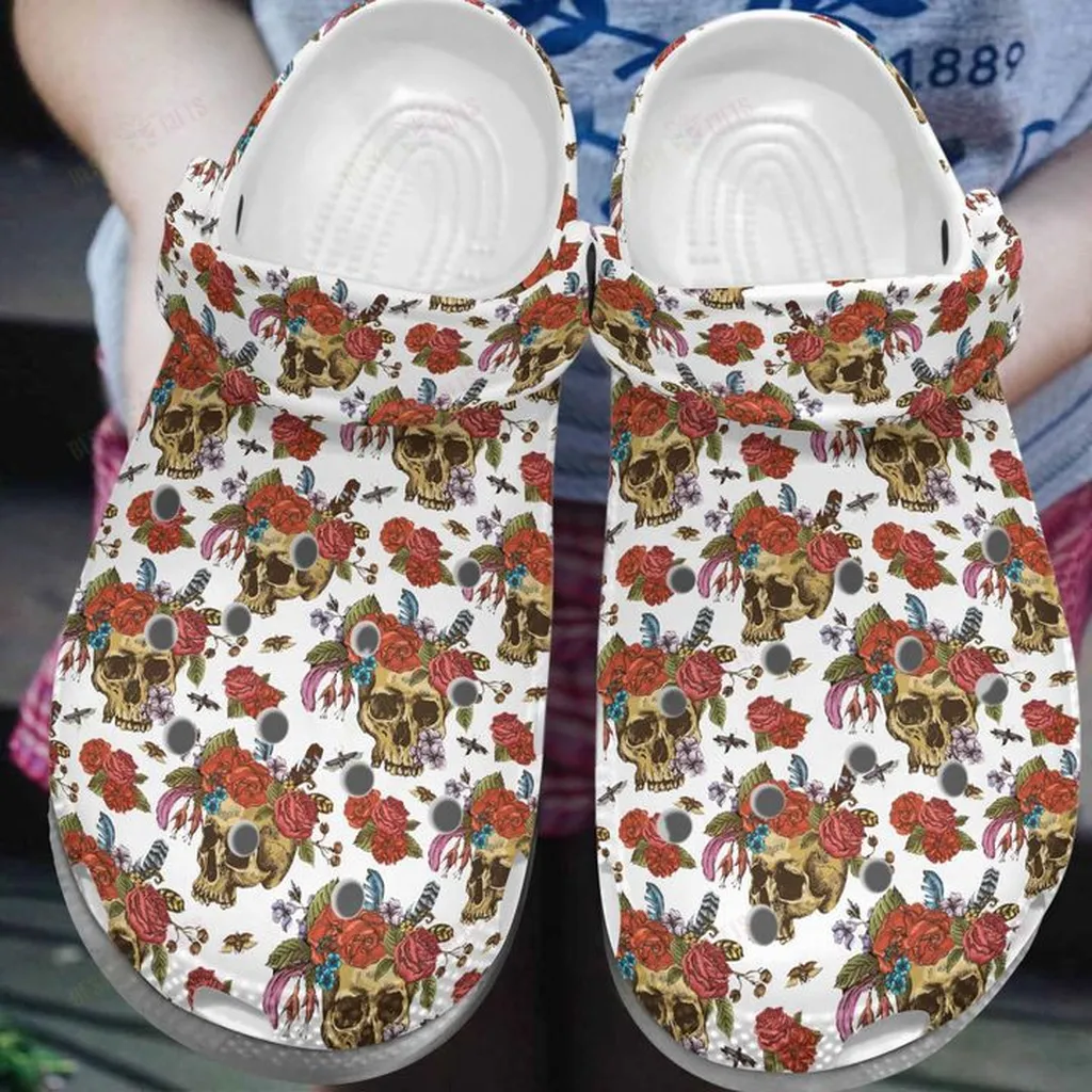 Skull And Flowers Crocs, Personalized Crocs Classic Clogs