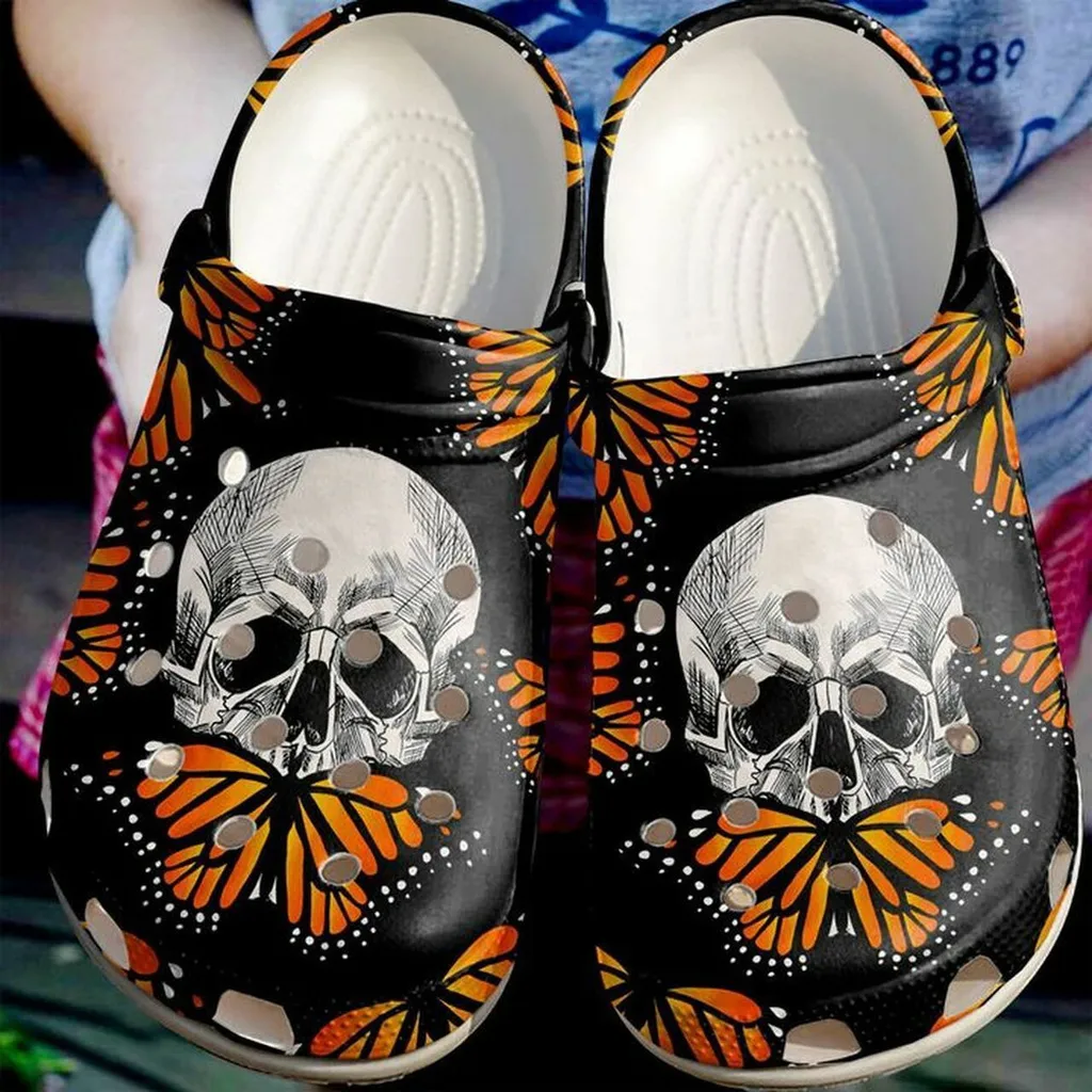 Skull And Monarch 102 Gift For Lover Rubber Crocs Clog