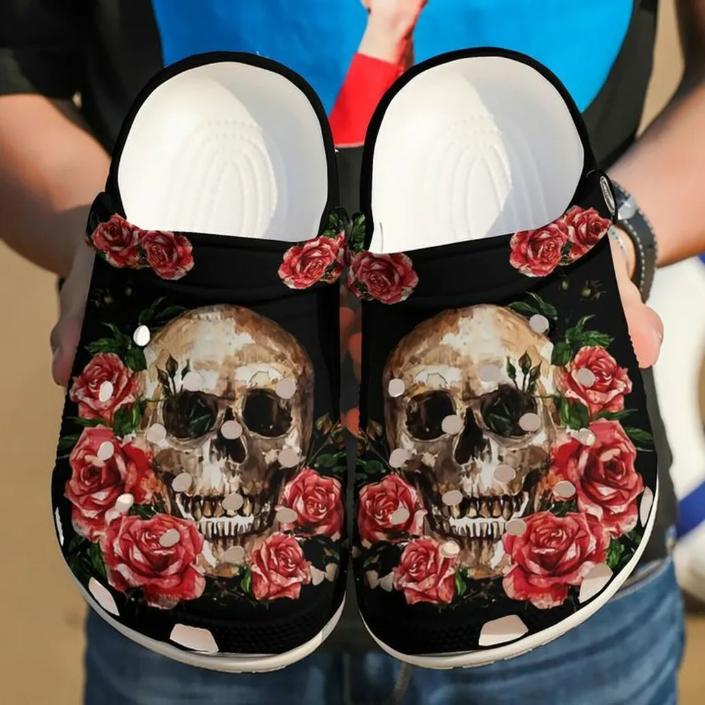 Skull And Red Floral 102 Gift For Lover Rubber Crocs Clog